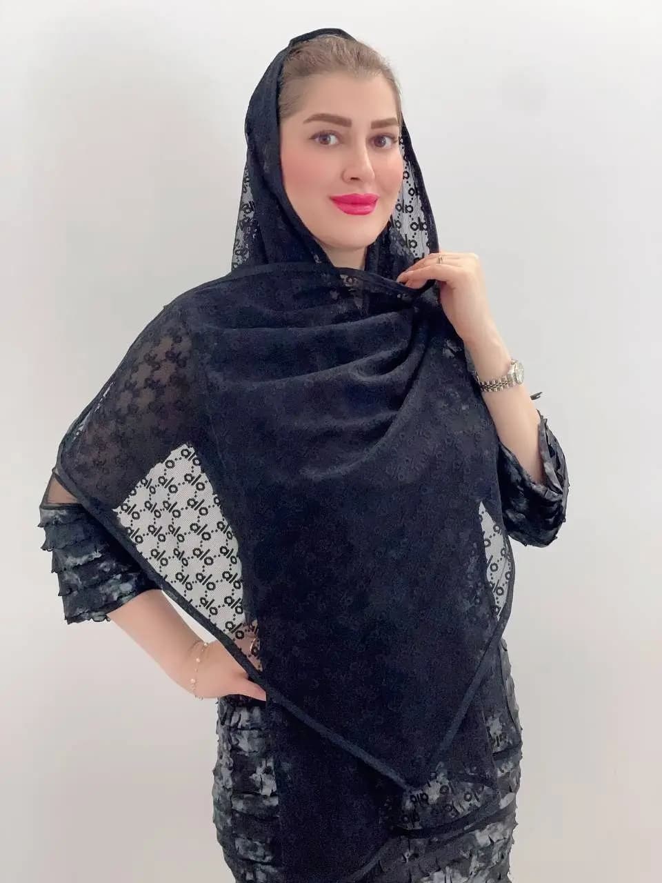 شال توری مشکی طرح الو Alo - دوردوزی شده وارداتی ترک - تصویر دوم