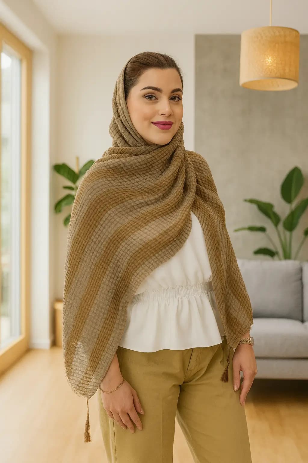 شال پلیسه حصیری راهراه - شال لوکس چهار فصل با طراحی مدرن - تصویر دوم