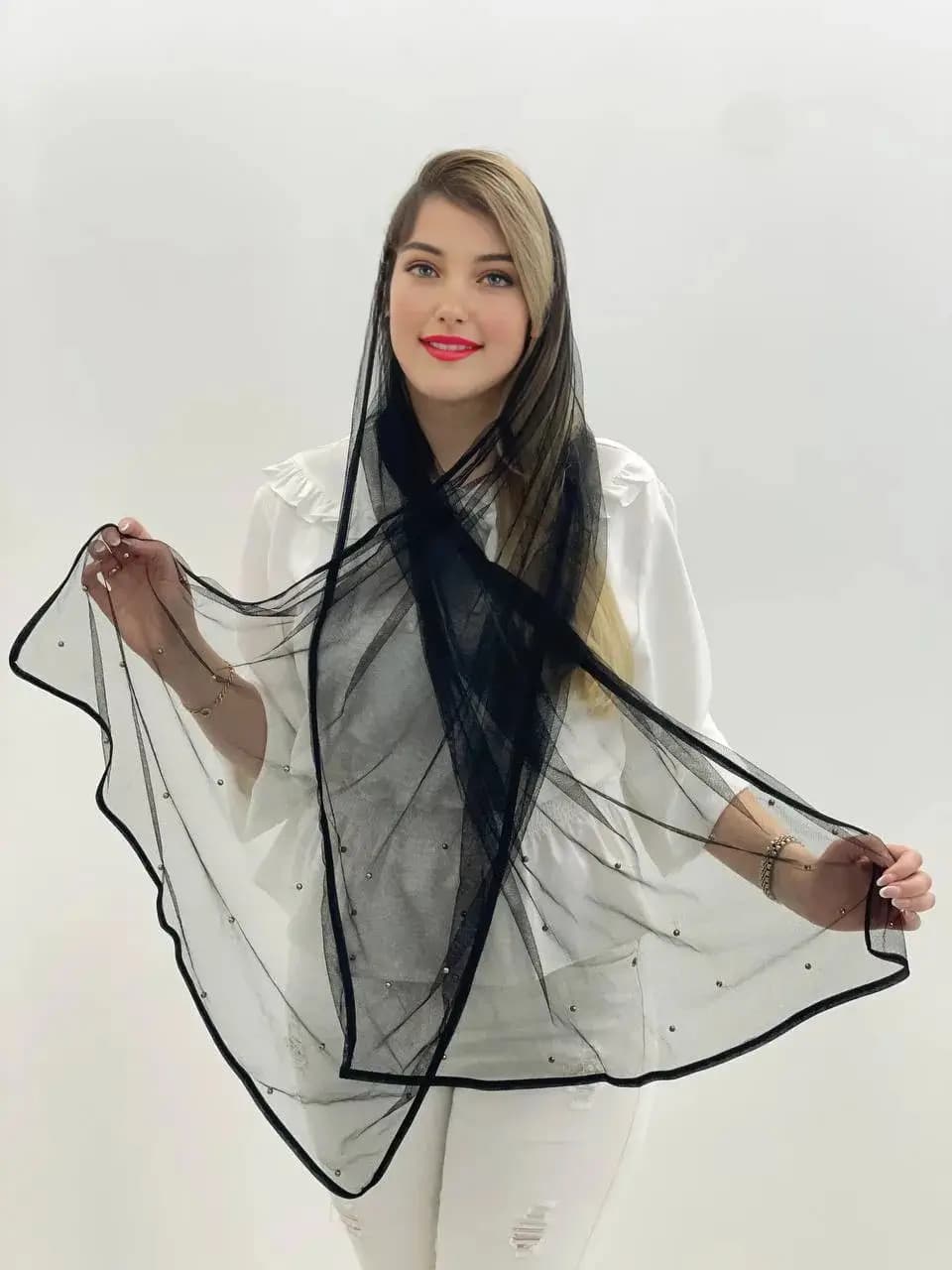 شال توری مشکی مرواریدکوب | شال مجلسی و رسمی شب با جلوهای خاص